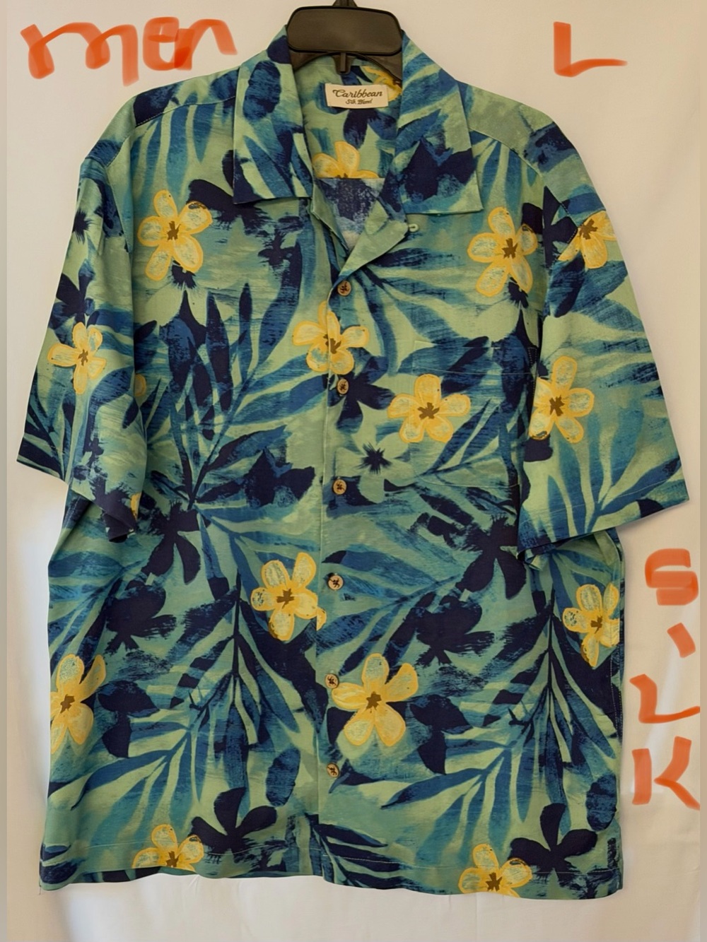 Caribbean Blue and Yellow Tropical Floral Button-Down Shirt
